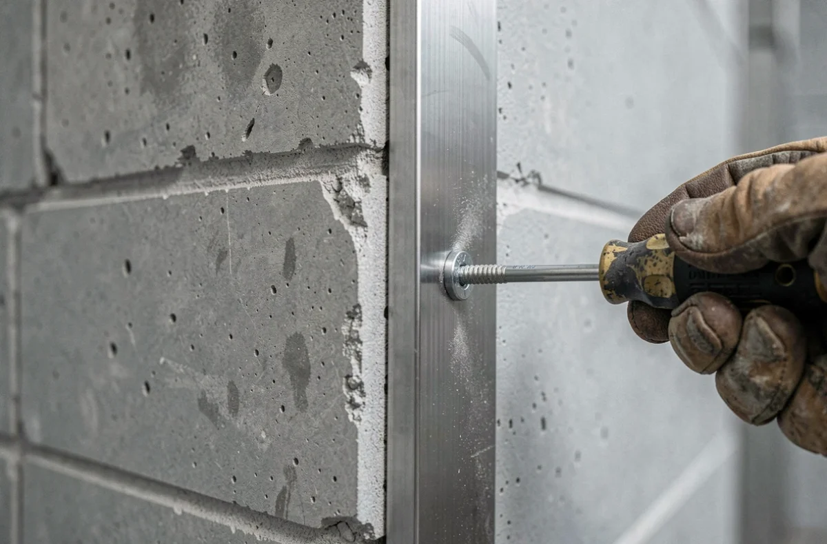Gros plan sur la fixation d'un profilé L inox sur mur en béton avec vis et chevilles inox