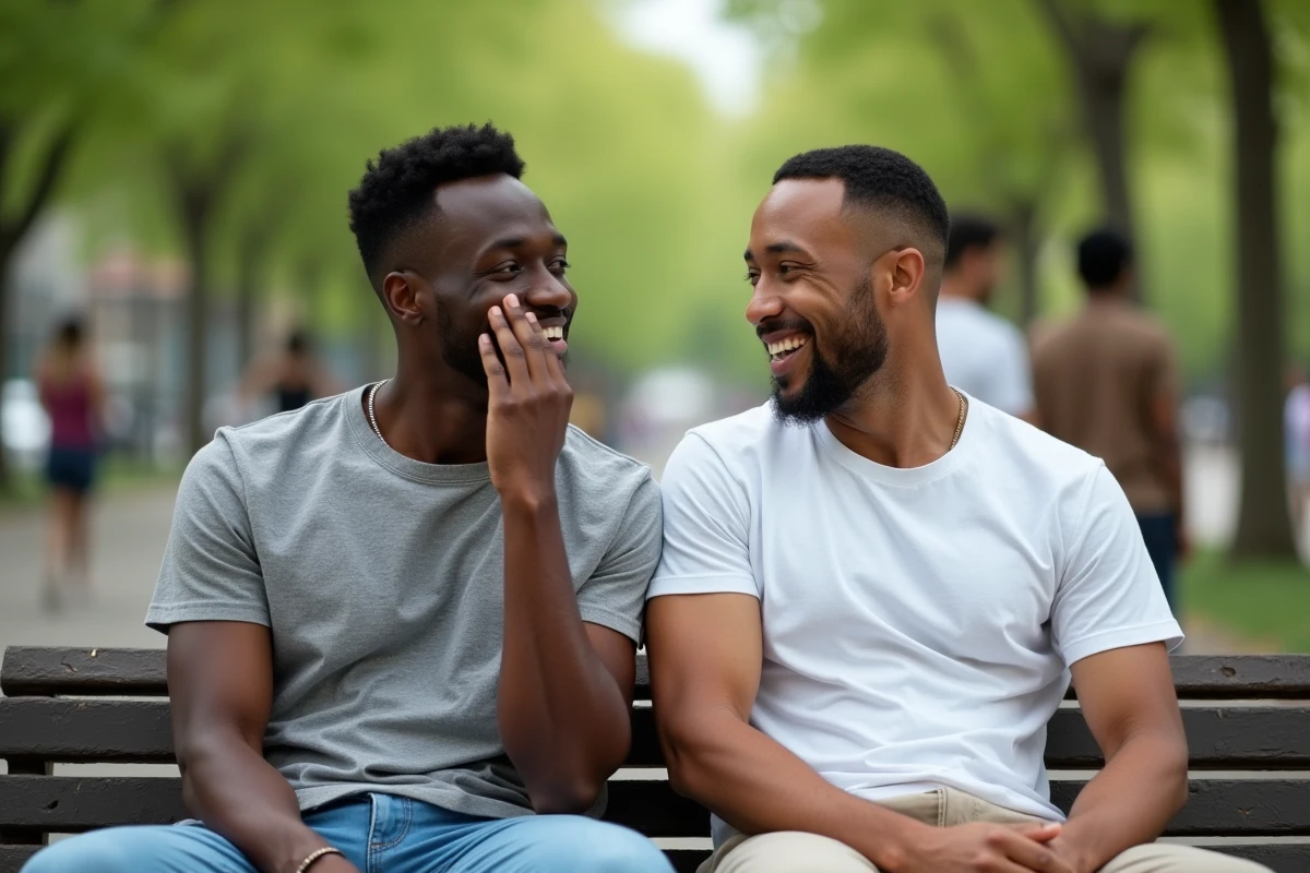 Deux amis d'origines différentes assis sur un banc de parc en train de rire ensemble, symbole d'une amitié sincère et multiculturelle en milieu urbain