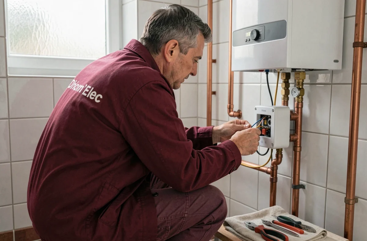 Technicien Dhom'Elec recâblant un système de chauffage dans une maison normande