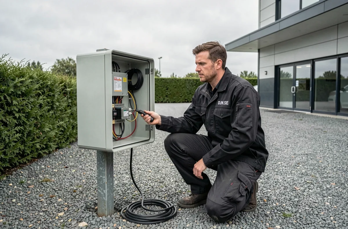 Electricien DJN.SE raccordant un système de câblage extérieur sur un site commercial en Seine-Maritime