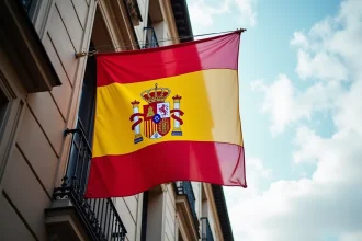 Drapeau espagnol rouge et jaune flottant sur une façade en pierre historique à Madrid avec blason royal visible