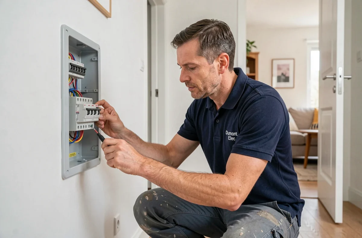 Technicien Dumont Elec intervenant sur un tableau électrique dans une maison en Seine-Maritime
