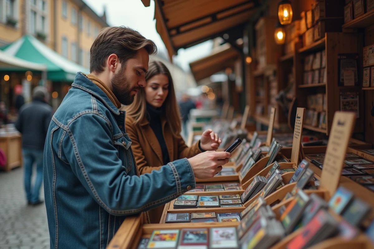 Deux personnes examinant des cartes de jeu sur un stand de marché aux puces pour évaluer le bon moment de les revendre