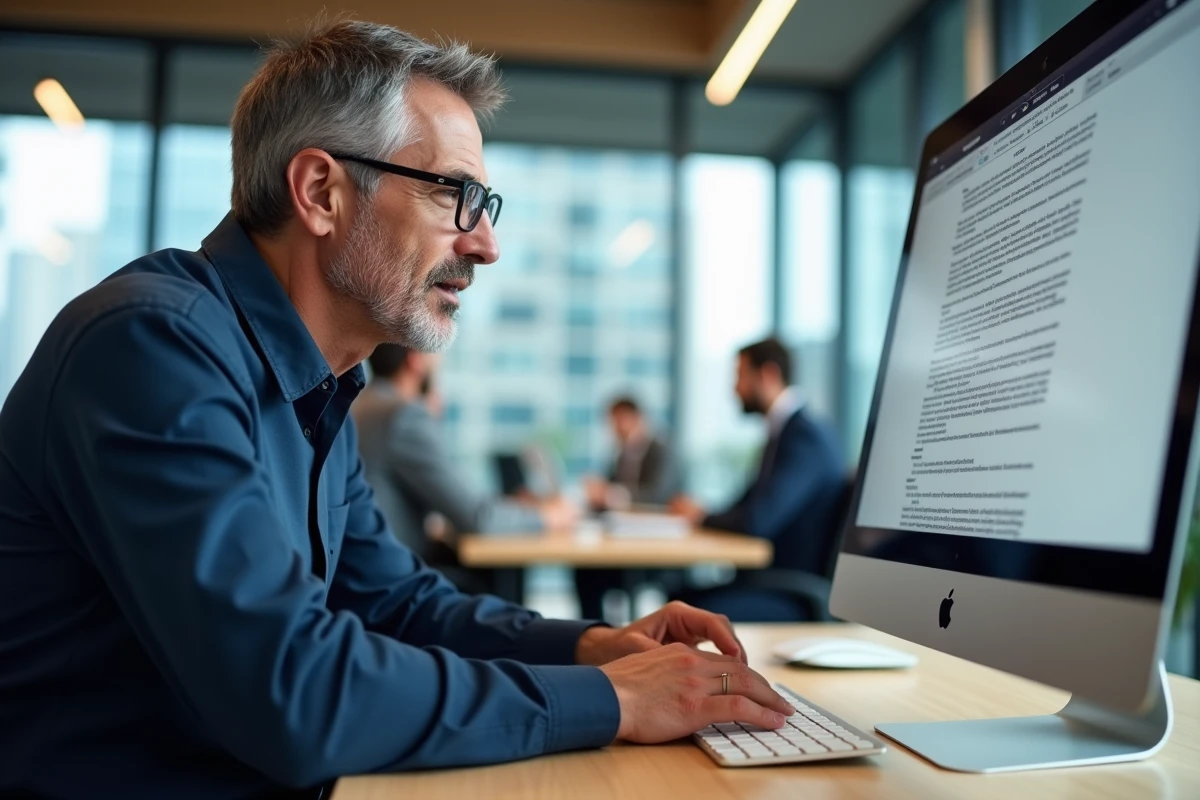 Homme utilisant un iMac et le clavier Apple Magic Keyboard pour saisir le caractère È majuscule accentué dans un document français