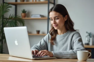 Femme tapant un raccourci clavier sur MacBook Pro pour insérer un È majuscule avec accent grave en bureautique