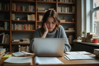 Une femme écrivain frustrée devant son manuscrit cherchant comment rendre son twist narratif plus percutant
