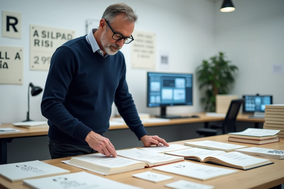 Éditeur comparant plusieurs maquettes de couverture de livres sur une table dans un studio d'édition moderne