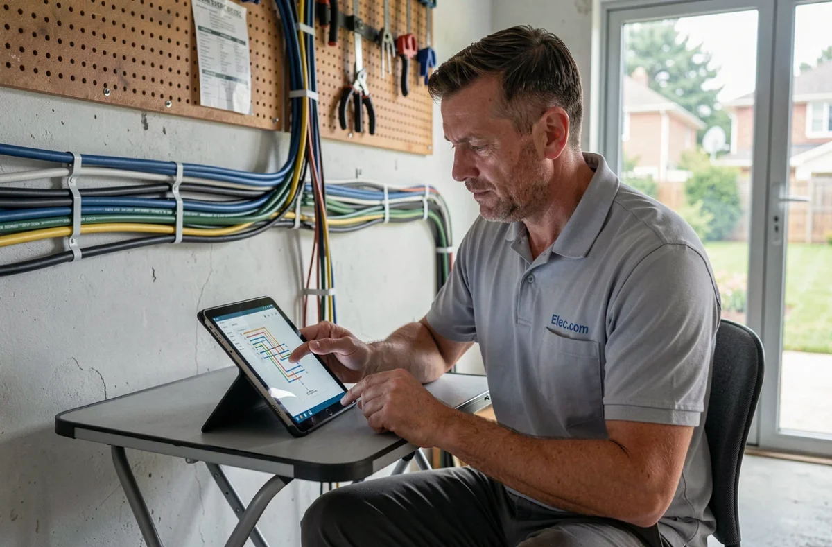 Technicien Elec.com consultant un schéma de câblage domotique dans un garage normand