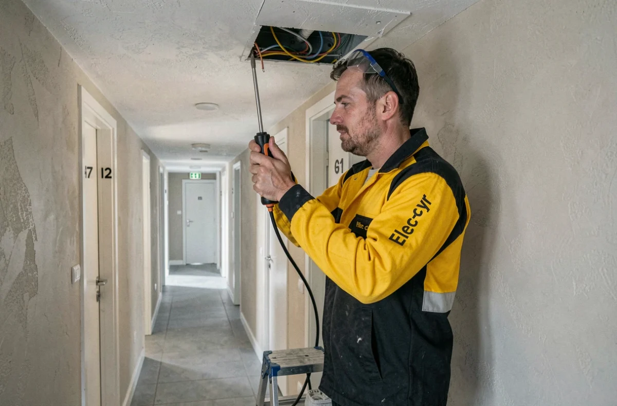 Electricien Elec-cyr connectant des fils dans un boîtier de plafond dans un immeuble normand