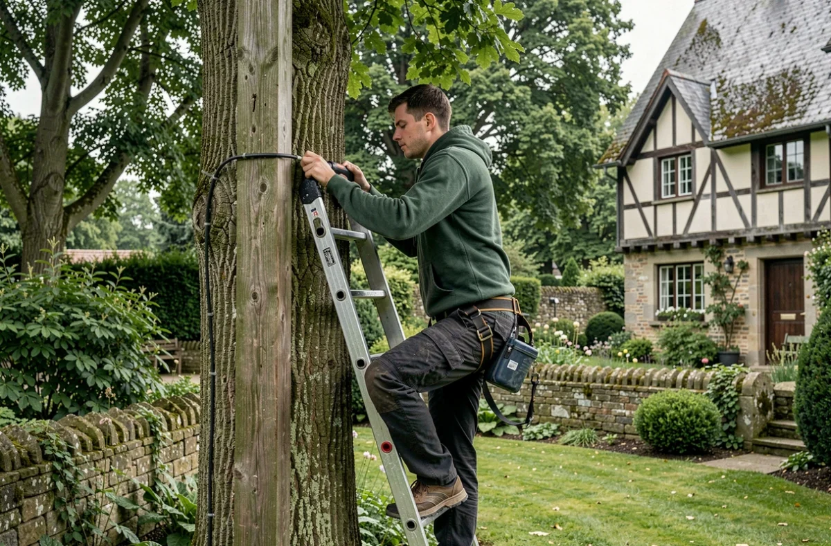 Électricien Elec-Tree-City posant des conduits électriques extérieurs dans un jardin normand