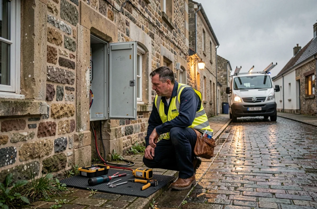 Électricien d'urgence intervenant sur un tableau électrique extérieur dans une rue de Seine-Maritime