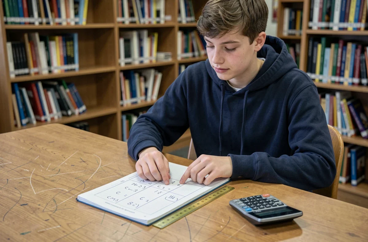 Élève au lycée complétant un tableau de conversion cm3 en litre dans une bibliothèque scolaire