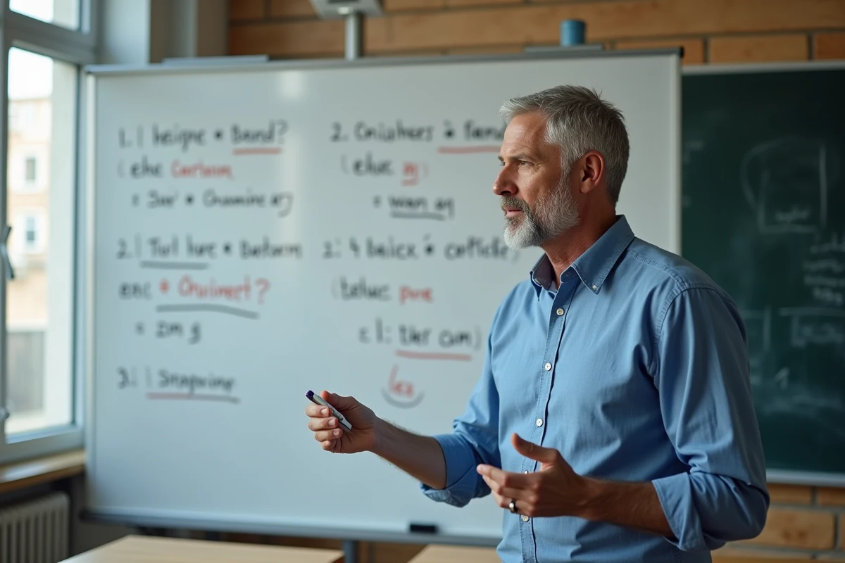 Enseignant expliquant les règles du participe passé de rejoindre devant un tableau blanc en salle de classe