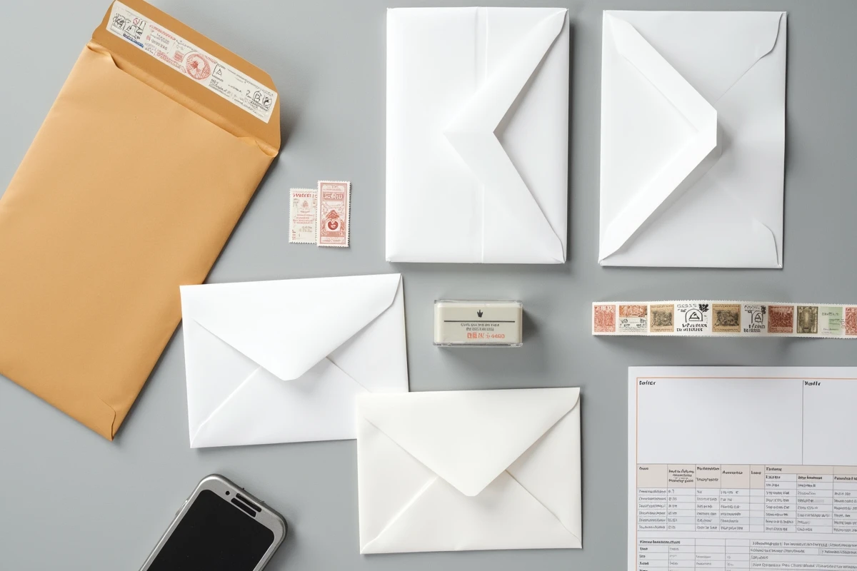 Enveloppes de différents formats avec balance et timbre pour calcul du prix d'affranchissement lettre 2026