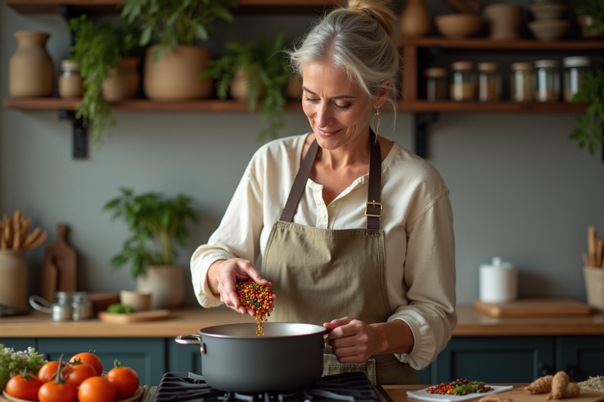 Femme en tablier ajoutant des épices dans une cuisine chaleureuse