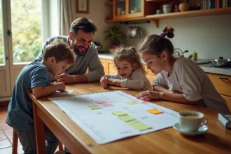 Famille française consultant le calendrier des jours fériés 2026 avec des post-its colorés sur les ponts scolaires