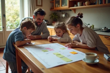 Famille française consultant le calendrier des jours fériés 2026 avec des post-its colorés sur les ponts scolaires
