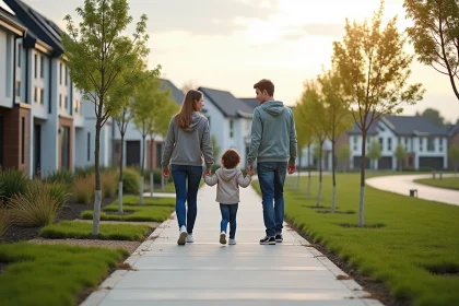 Famille marchant dans une rue verte et moderne