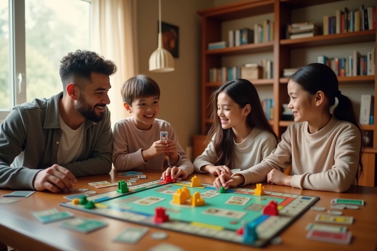 Famille jouant à un jeu de société type Monopoly autour d'une table en bois avec des cartes, maisons et hôtels en plastique colorés