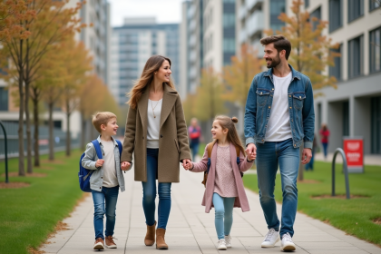 Famille heureuse se promenant dans un parc urbain en famille