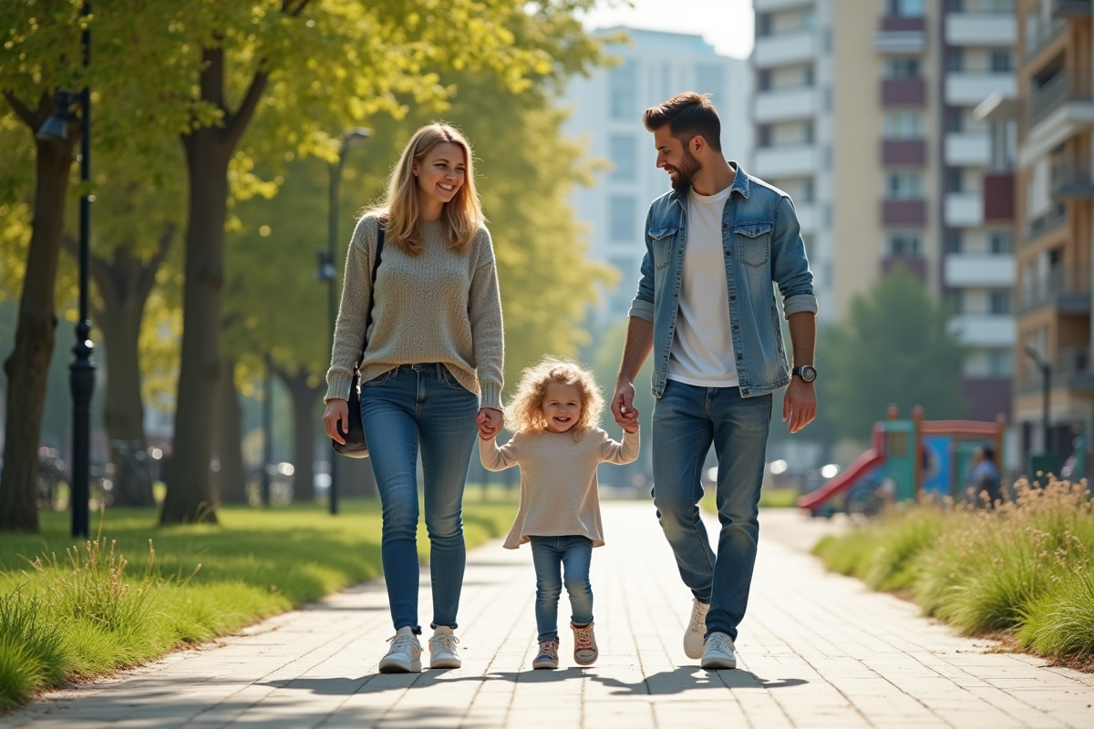 Famille souriante dans un parc urbain en famille
