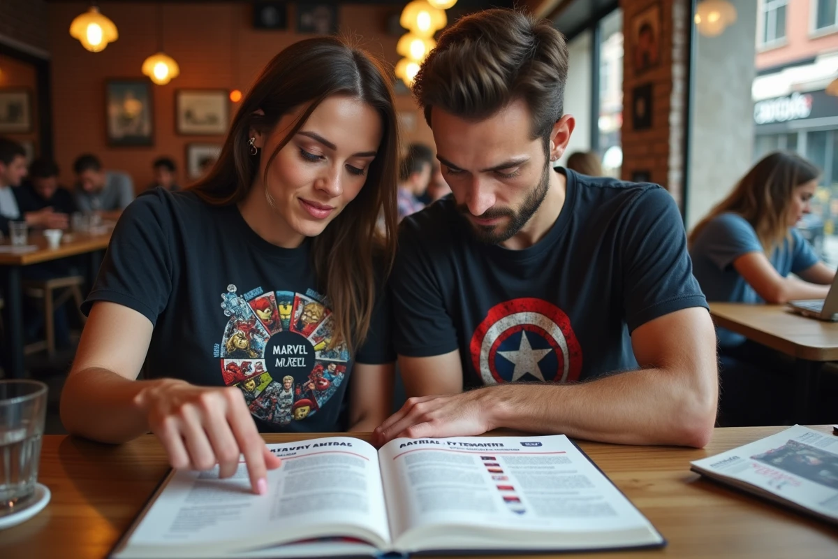Deux fans Marvel discutant de la chronologie des films Avengers et Spider-Man autour d'un guide imprimé dans un café
