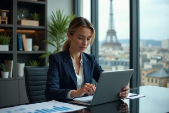 Femme d affaires en costume à Paris avec tablette