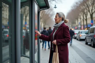Femme consultant l'affichage en temps réel des horaires du bus 92 à un arrêt moderne en ville