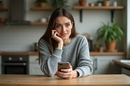 Femme frustrée attendant une réponse du support Vinted sur son smartphone dans une cuisine moderne
