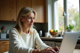 Femme lisant des avis clients sur le site Carrefour courses en ligne depuis sa cuisine