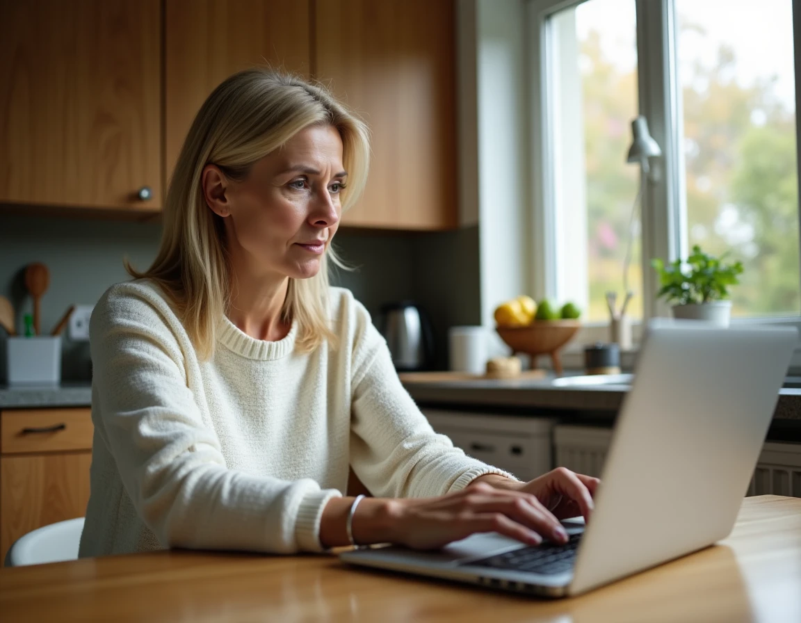 Femme lisant des avis clients sur le site Carrefour courses en ligne depuis sa cuisine