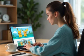 Femme consultant un avis sur le site MonPokédex sur son ordinateur portable depuis son bureau à domicile