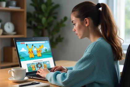 Femme consultant un avis sur le site MonPokédex sur son ordinateur portable depuis son bureau à domicile