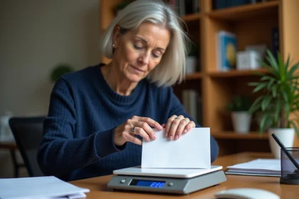 Femme pesant une lettre sur une balance postale pour calculer le tarif d'affranchissement 2026
