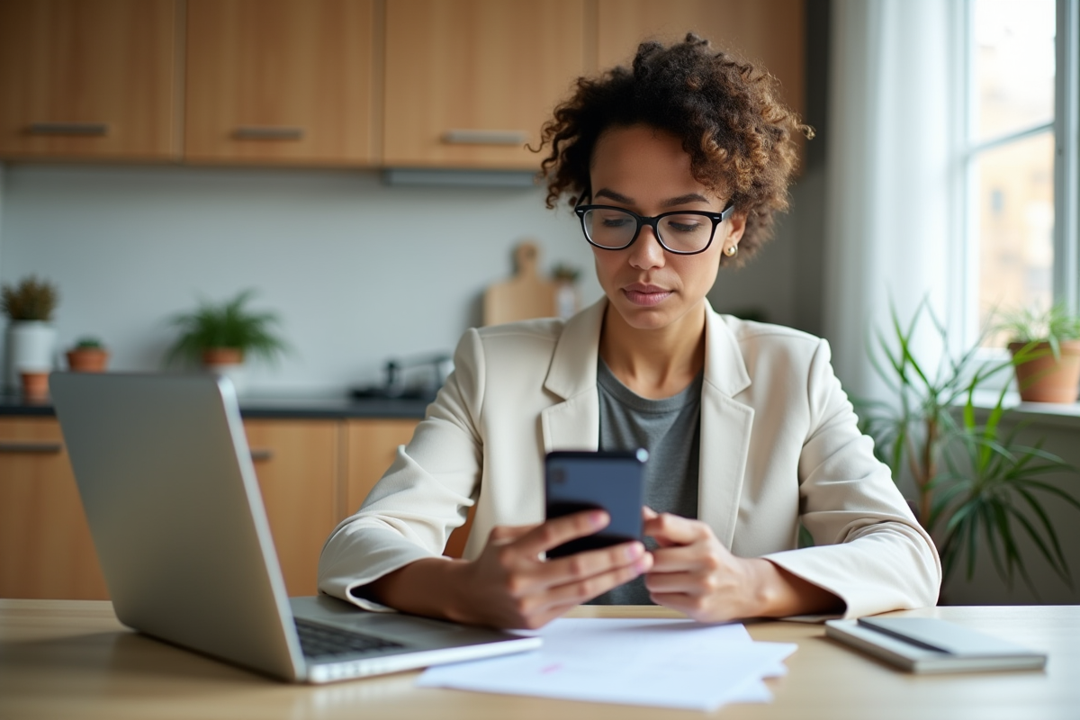 Femme d'âge moyen au bureau cuisine moderne