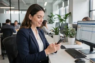 Femme professionnelle consultant discrètement son smartphone dans un bureau en open space