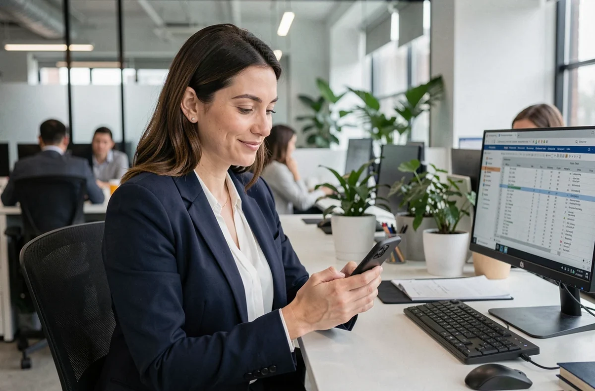 Femme professionnelle consultant discrètement son smartphone dans un bureau en open space