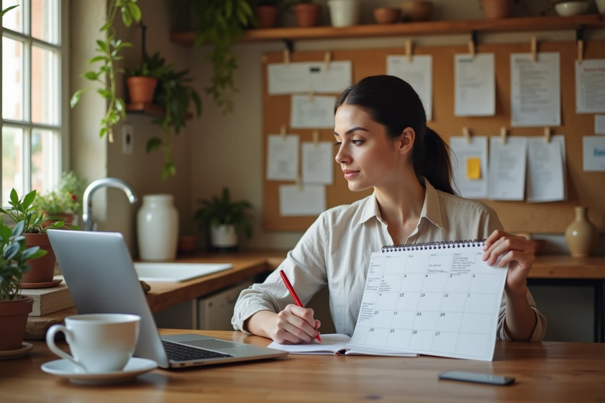 Femme marquant des jours fériés sur un calendrier papier pour optimiser ses congés en 2026
