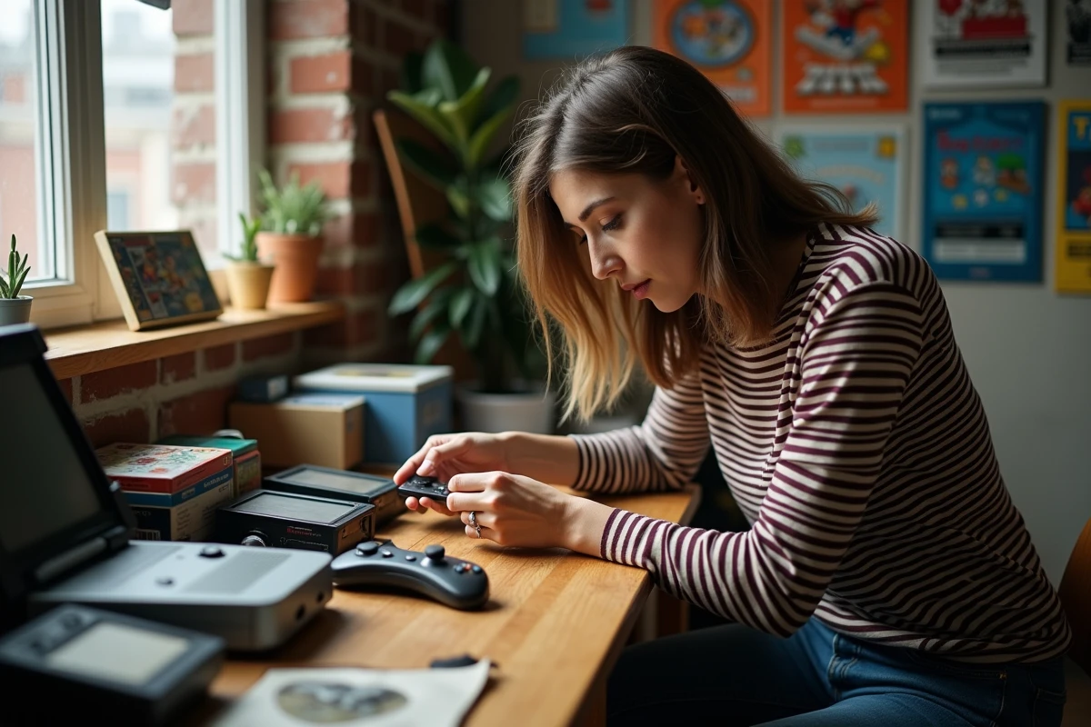 Femme examinant une cartouche de jeu rétro entourée de consoles et accessoires vintage sur un bureau en bois