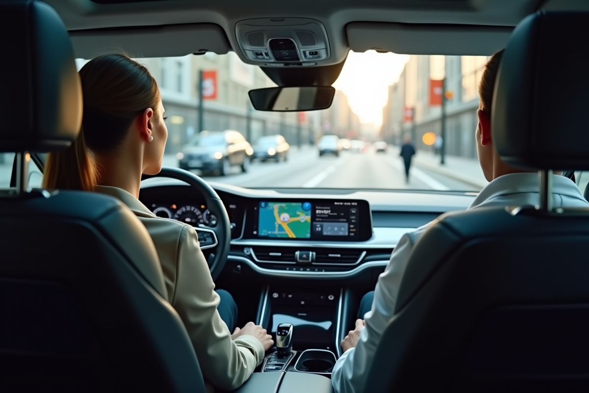 Femme confiante dans une voiture autonome moderne