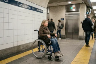 Femme en fauteuil roulant électrique dans un couloir de station de métro parisien accessible avec ascenseur en arrière-plan