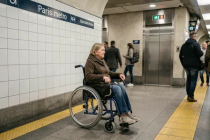 Femme en fauteuil roulant électrique dans un couloir de station de métro parisien accessible avec ascenseur en arrière-plan