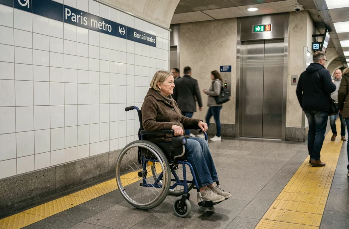 Femme en fauteuil roulant électrique dans un couloir de station de métro parisien accessible avec ascenseur en arrière-plan