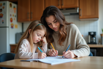 Femme et fille remplissant des papiers à la maison