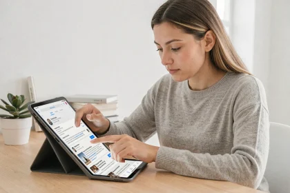 Femme filtrant son flux d'actualités sur une tablette dans un bureau minimaliste moderne