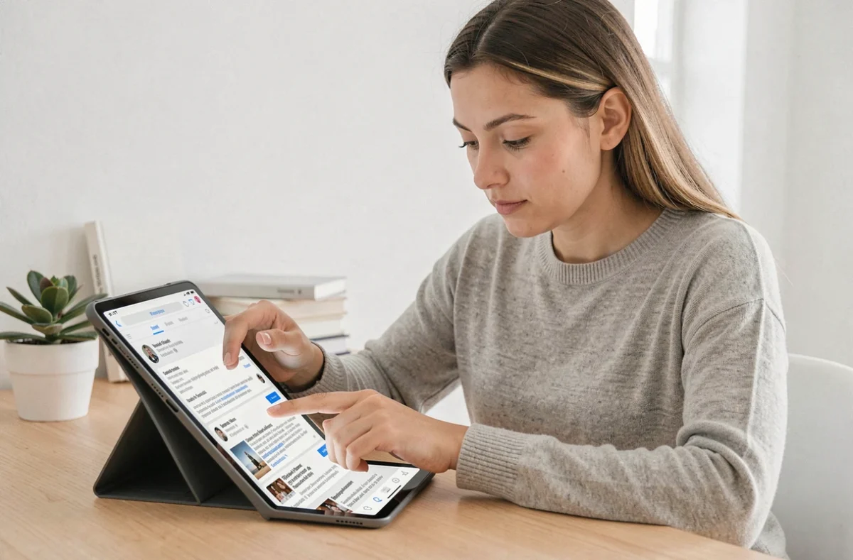 Femme filtrant son flux d'actualités sur une tablette dans un bureau minimaliste moderne