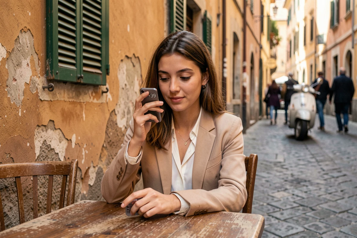 Jeune femme italienne composant un numéro de téléphone avec l'indicatif 39 dans une rue pavée romaine avec murs en ocre