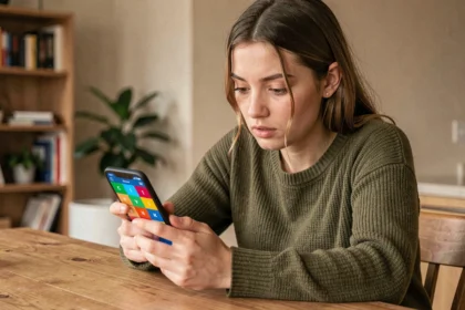 Jeune femme concentrée sur un jeu mobile 4 images 1 mot avec 9 lettres à trouver