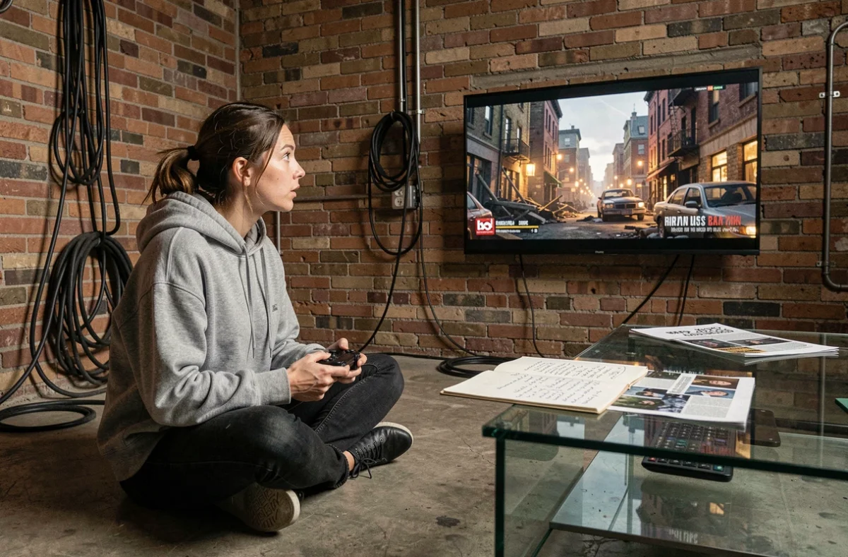Femme joueuse réfléchissant au contenu caché de la bande-annonce de Gears of War E-Day dans un loft industriel