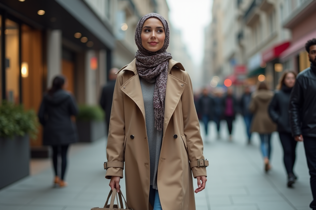 Femme en trench et foulard marche dans la ville